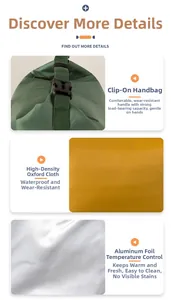 Detail of insulated lunch bag showing oxford fabric, foil lining and buckle handle