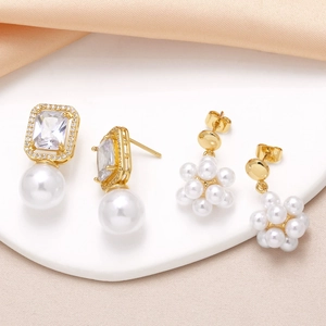 Copper 18K Gold Plated Zircon Artificial Pearl Dangle Earrings Square Geometric Flower Cluster Fashion Jewelry For Women Elegant