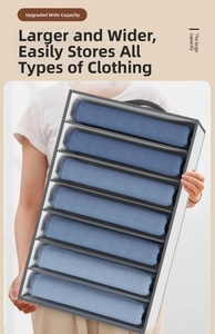Macro shot of a grey 8-compartment organizer box with denim jeans for wardrobe storage
