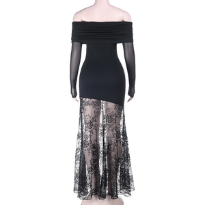 Back view of elegant off-shoulder black dress featuring sheer lace hollow-out hem detailing