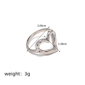 Hammered stainless steel open heart ring in silver with product dimensions and 3g weight