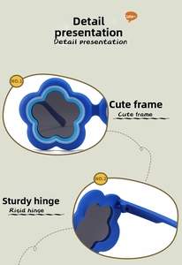 Detail view of flower-shaped kids sunglasses featuring a sturdy hinge and cute blue frames