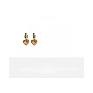 Detailed size chart showing 2.8cm heart earrings with pink and green zircon stones