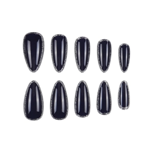 Navy blue almond press-on nails with silver glitter edges in a 10-piece set