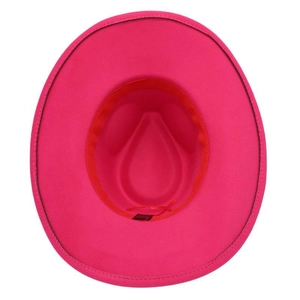 Detail of fuchsia fedora hat interior with adjustable drawstring and red sweatband