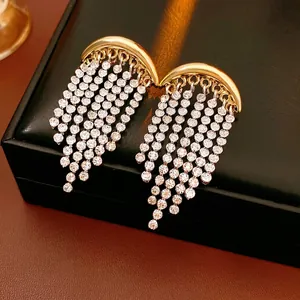 Shiny Rhinestone Tassel Earrings With Silver Earring Post Alloy Moon Shape Dangle Elegant Luxury Jewelry For Women
