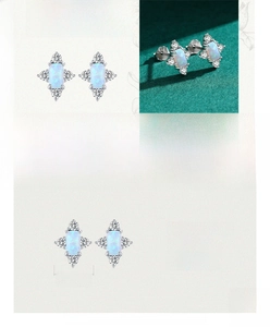 Macro detail of rectangle opal earrings in 925 sterling silver with zircon accents