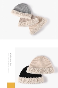 Detailed close-up of chunky knit bucket hats with plush faux fur trim in various colors