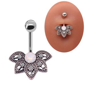 Belly Button Ring 316L Stainless Steel Bar Lotus Flower Hollow White Opal Rhinestone Navel Piercing Jewelry For Women