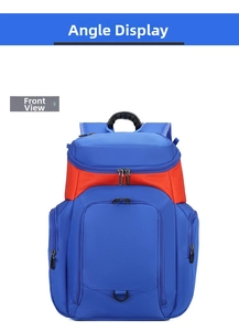 Close-up of blue and orange outdoor backpack showing multiple zippers and front view detail
