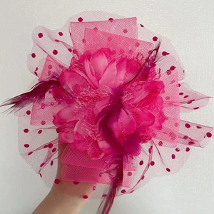 Fuchsia mesh flower headband with feathers and polka dots for cocktail parties