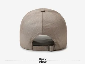 Back view of khaki outdoor baseball cap showing adjustable metal buckle and textured fabric