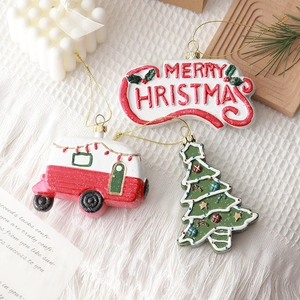 Christmas resin ornaments set with vintage camper, Xmas tree and Merry Christmas sign