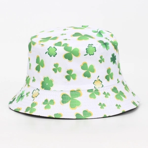 White bucket hat featuring a repeating pattern of green shamrock and clover leaves