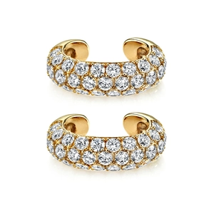 Elegant gold-plated C-shaped ear cuffs featuring three rows of pave-set zircons on white