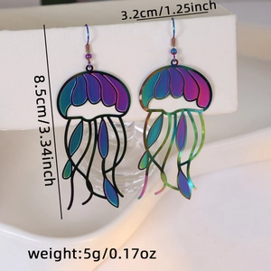 Detailed view showing dimensions of holographic iridescent jellyfish drop earrings