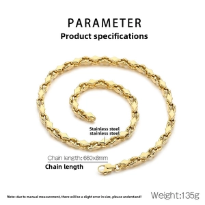 Polished gold stainless steel chain necklace 8mm width 660mm length macro specifications