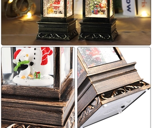 Detailed close-up of retro Christmas snow globe lanterns with Santa and snowman motifs