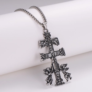 Silver vintage stainless steel cross necklace with angel reliefs and a box chain