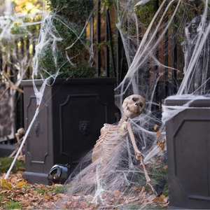 Realistic Halloween cobweb decoration with skull prop for spooky outdoor yard setup