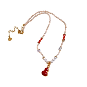 New Chinese style pearl necklace with red gourd pendant and champagne rice beads