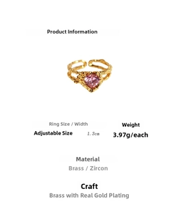 Detail showing pink heart zircon ring dimensions and adjustable brass band texture