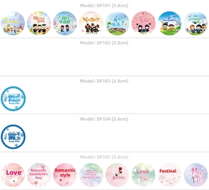 Detail view of round 3.8cm stickers with Graduation and Valentine designs