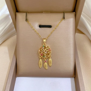 Dreamcatcher Tree Of Life Pendant Necklace Stainless Steel Chain Copper Cubic Zirconia Feather Charms Gold Plated Women