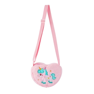 Pink heart-shaped plush unicorn crossbody bag for girls with adjustable shoulder strap