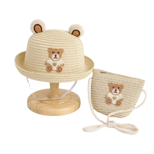 Kids bear straw sun hat and matching crossbody bag set with cute ear decorations