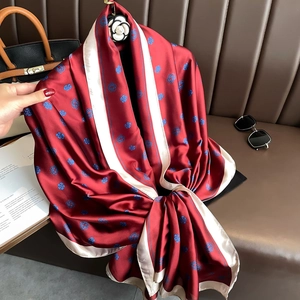 Camellia Floral Print Satin Scarf Wine Red Elegant Large Wrap Shawl Sun Protection Versatile Fashion For Women