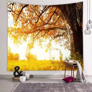 Detailed close-up of a large autumn forest tapestry hanging on a white brick wall decoration