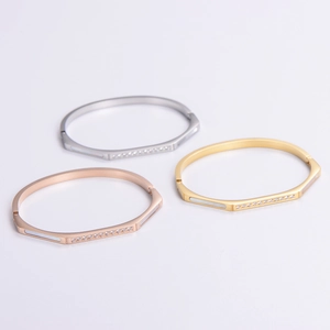 Hexagonal 304 Stainless Steel Bangle Bracelet With Mother Of Artificial Pearl Inlaid Zirconia Geometric Fashion Jewelry For Women