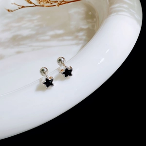 Minimalist black zircon star ear studs in titanium steel with screw ball back closure