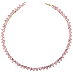 Golden necklace with pink heart-shaped stones arranged in a circle on white background