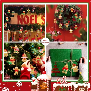 Detailed views of festive gingerbread man ornaments on a Christmas tree and wreaths