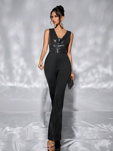 Combinaison Pailletée Femme Col En V Profond Sans Manches Pantalon Large Noir Élégant Fête Soirée Clubwear