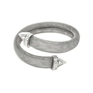 Macro view of silver woven mesh texture and crystal triangle ends on the spiral bangle