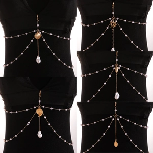 Bohemian Multi Layer Body Chain Alloy Gold Artificial Pearl Shell Conch Sun Pendant Chest Chain For Women Holiday Sexy Jewelry
