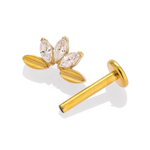G23 titanium labret stud with marquise cubic zirconia leaves and internal thread base