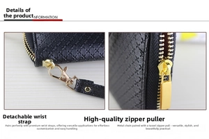 Detail of black cross-grain leather wallet with gold hardware and detachable wrist strap