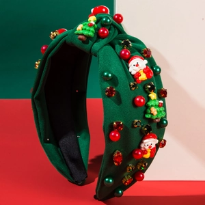 Cerchietto annodato verde con Babbo Natale, perle e strass per le feste natalizie