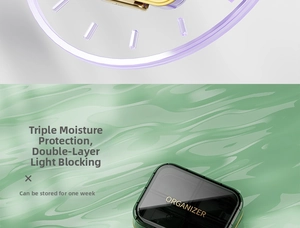 Macro detail of dark green moisture-proof weekly pill organizer with golden latch