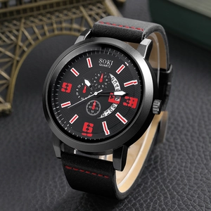 Men's business quartz watch with black leather strap and red stitching details