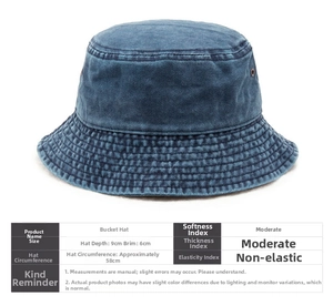 Size chart for washed denim bucket hat showing 9cm depth and 58cm circumference