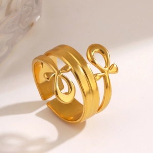 18K gold plated stainless steel double layer open ring with elegant bow accents