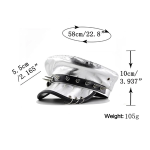 Silver punk military hat with metal studs and size specs on a white background