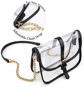 Detail of adjustable gold chain strap on transparent PVC saddle bag with black leather trim