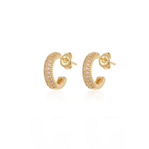 Golden C-shaped hoop earrings with triple row micro-pave cubic zirconia crystals