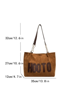 Large brown suede tote bag with HOOTO letter print and size dimensions shown on white background